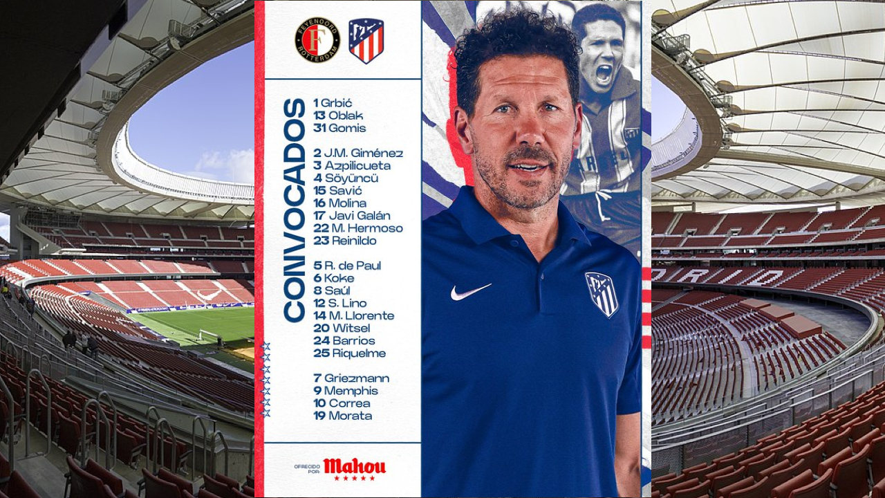 El Atlético de Madrid repite convocatoria contra el Feyenoord