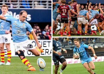 Jugadores argentinos celebrando tries en el Top 14 de Francia fecha 14