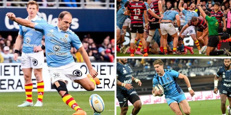 Jugadores argentinos celebrando tries en el Top 14 de Francia fecha 14