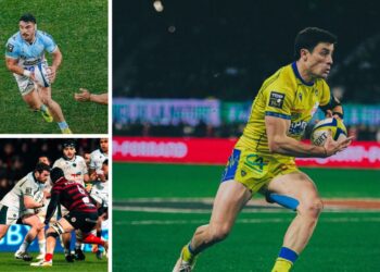 Jugadores de Los Pumas en acción durante la fecha 15 del Top 14 de Francia