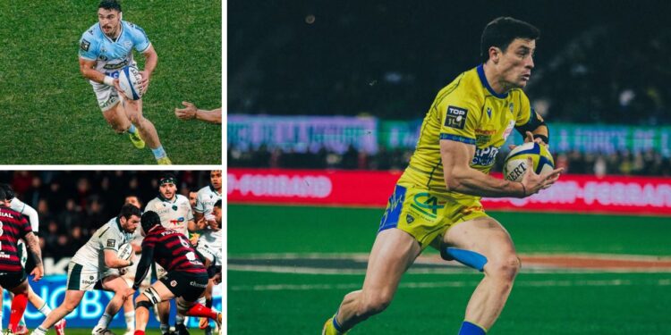 Jugadores de Los Pumas en acción durante la fecha 15 del Top 14 de Francia