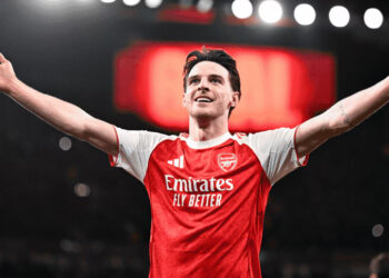 Rice celbra el gol en Champions para eliminar al Leverkusen