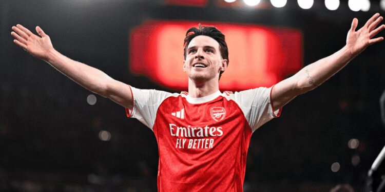 Rice celbra el gol en Champions para eliminar al Leverkusen