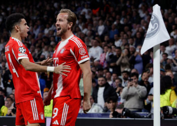 Harry Kane celebrando su gol contra el Real Madrid en el Santiago Bernabéu / Fuente: FC Bayern München