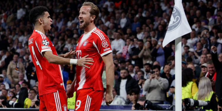 Harry Kane celebrando su gol contra el Real Madrid en el Santiago Bernabéu / Fuente: FC Bayern München