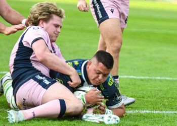 Thomas Gallo llega al try con Benetton en la Challenge Cup