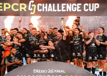 Domingo Miotti festejó tras consagrarse campeón de la Challenge Cup con Montpellier en San Mamés