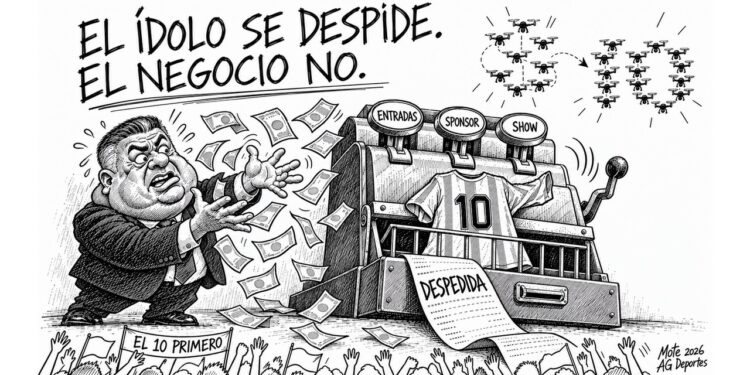 Caricatura editorial sobre la despedida de Lionel Messi y la gestión de Chiqui Tapia en la AFA.